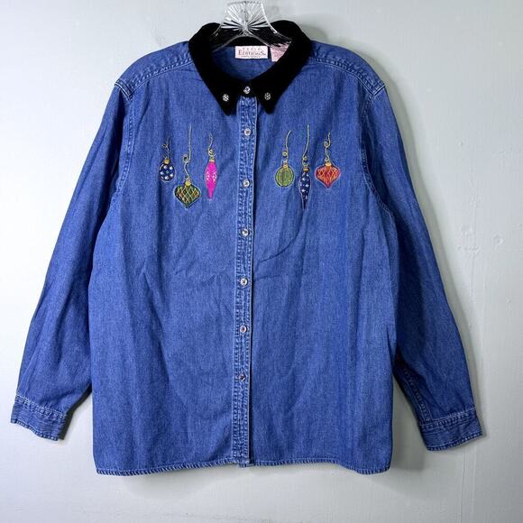 Vtg 90s Basic Editions Holiday Chrismas Embroidered Denim Button Up Shirt Size L - Picture 1 of 11